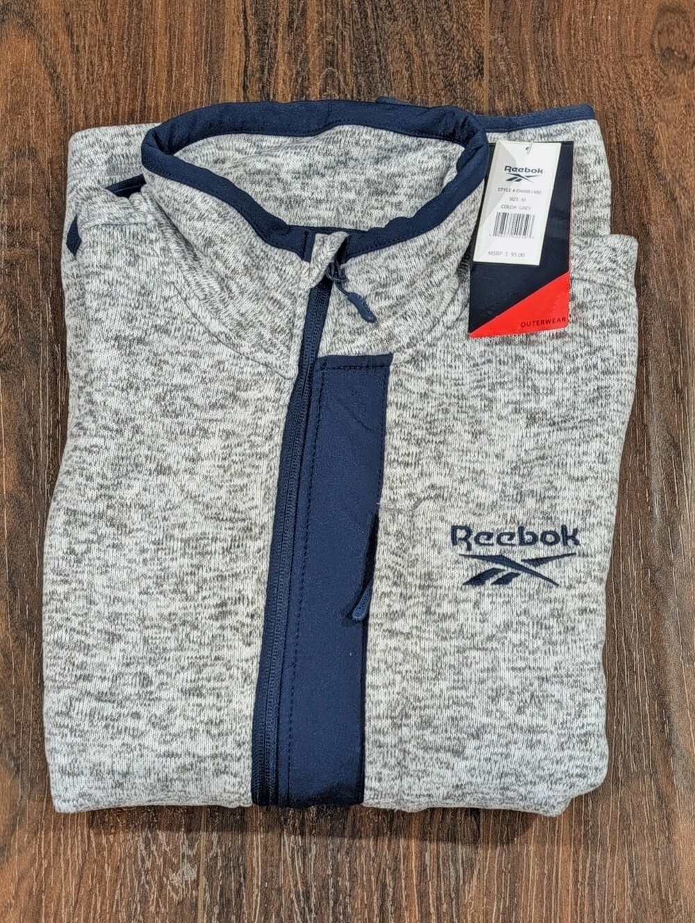 NWT Reebok Men's Heather Gray, Fleece-Lined, Full-Zip Sweater with Navy Accents